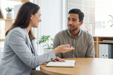 Staffing advisor speaking with a professional candidate during a one-on-one hiring conversation in a U.S. workplace